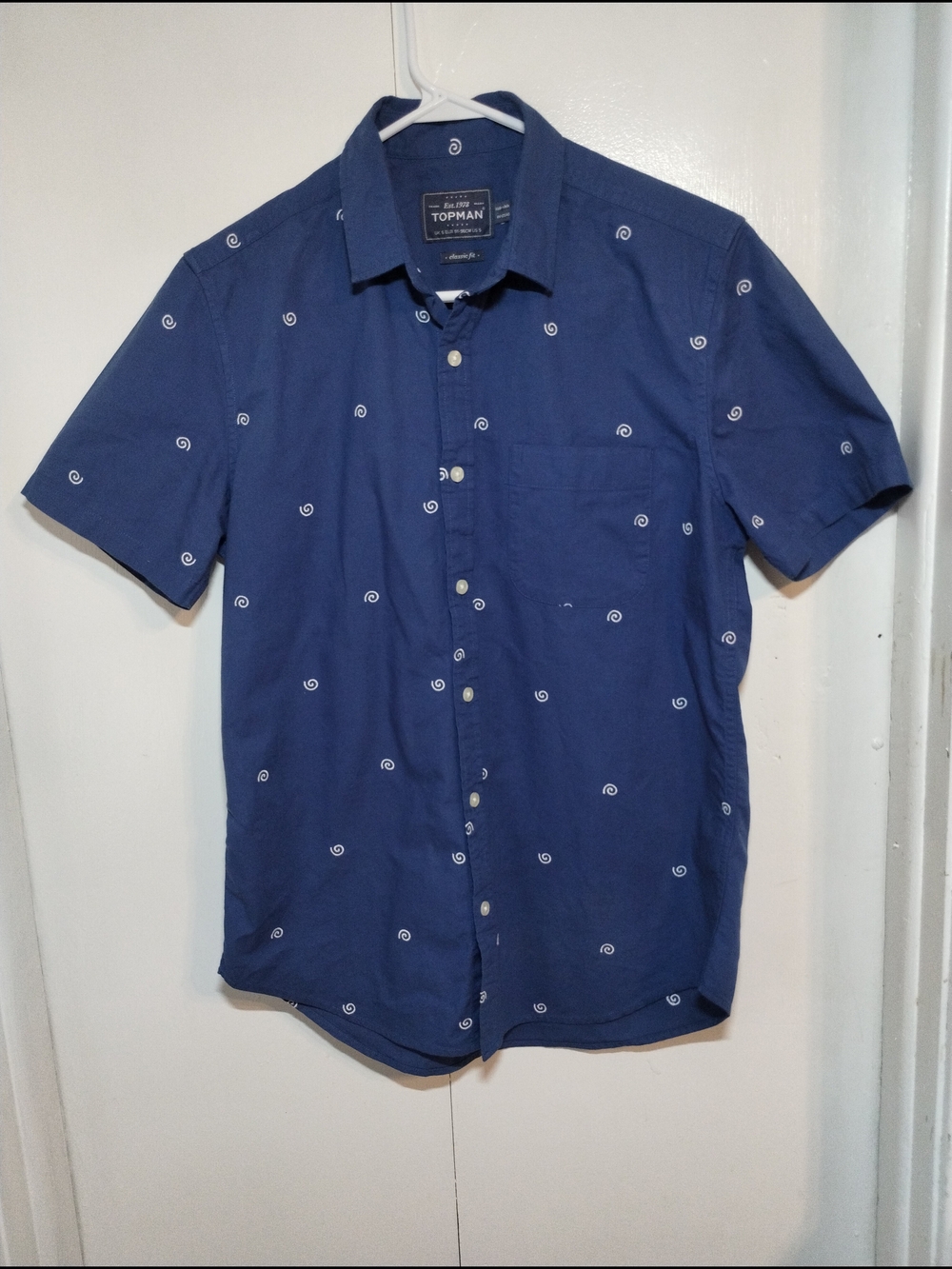 Topman Blue Short-Sleeve Button-Up Shirt with White Swirl Print - Picture 1 of 9